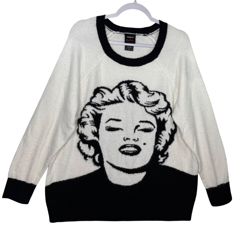 Torrid x Marilyn Monroe Graphic Sweater Black White Knit Pullover Women's Size 1 - Picture 1 of 5